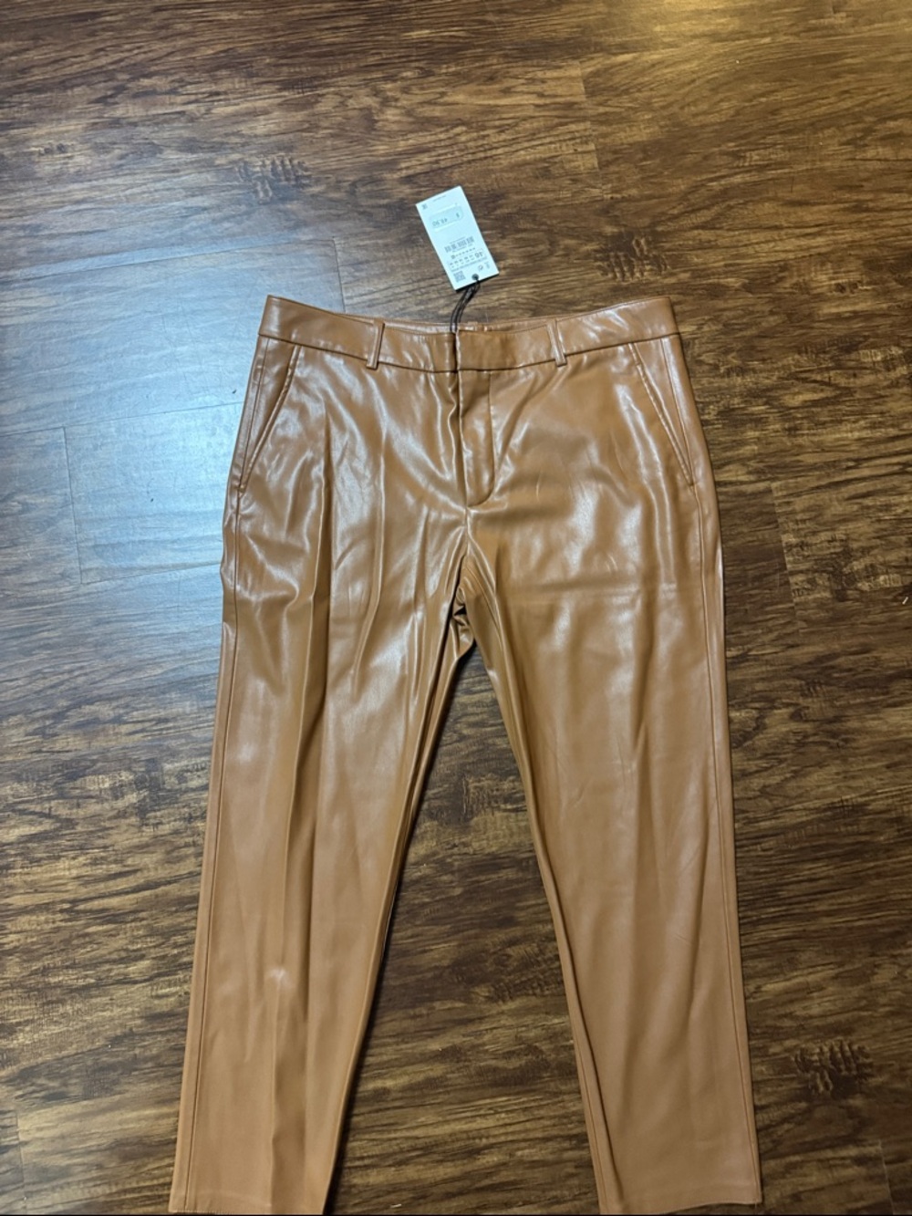 Zara Faux Leather Straight Leg Pants in Cognac Brown size 14